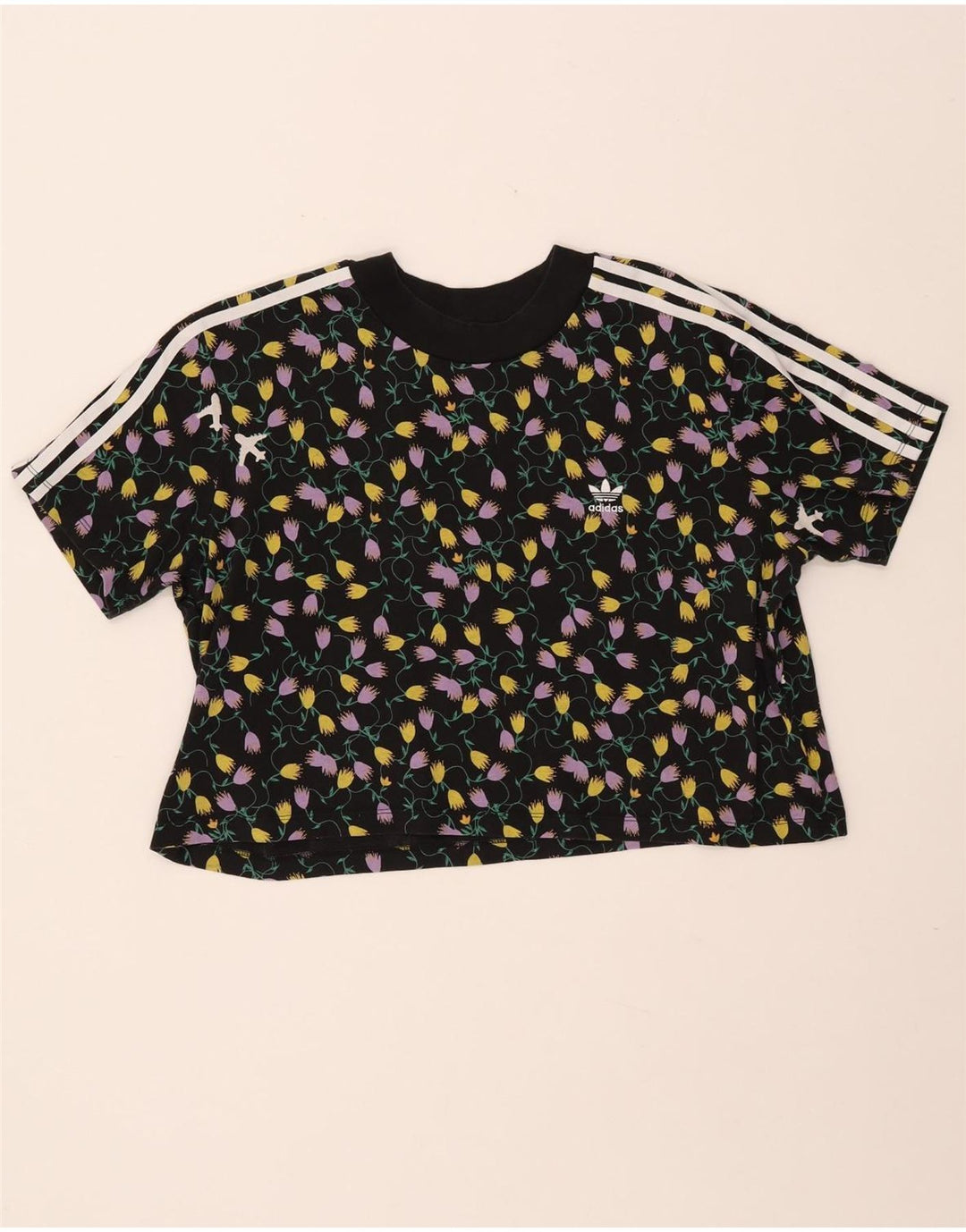 Damska koszulka ADIDAS Crop Graphic Top UK 18 XL Czarna bawełniana w kwiaty