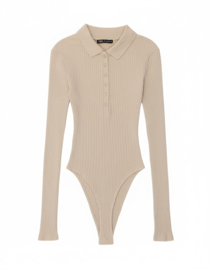 Body damskie z długim rękawem Zara UK 8 Small Beżowa bawełna