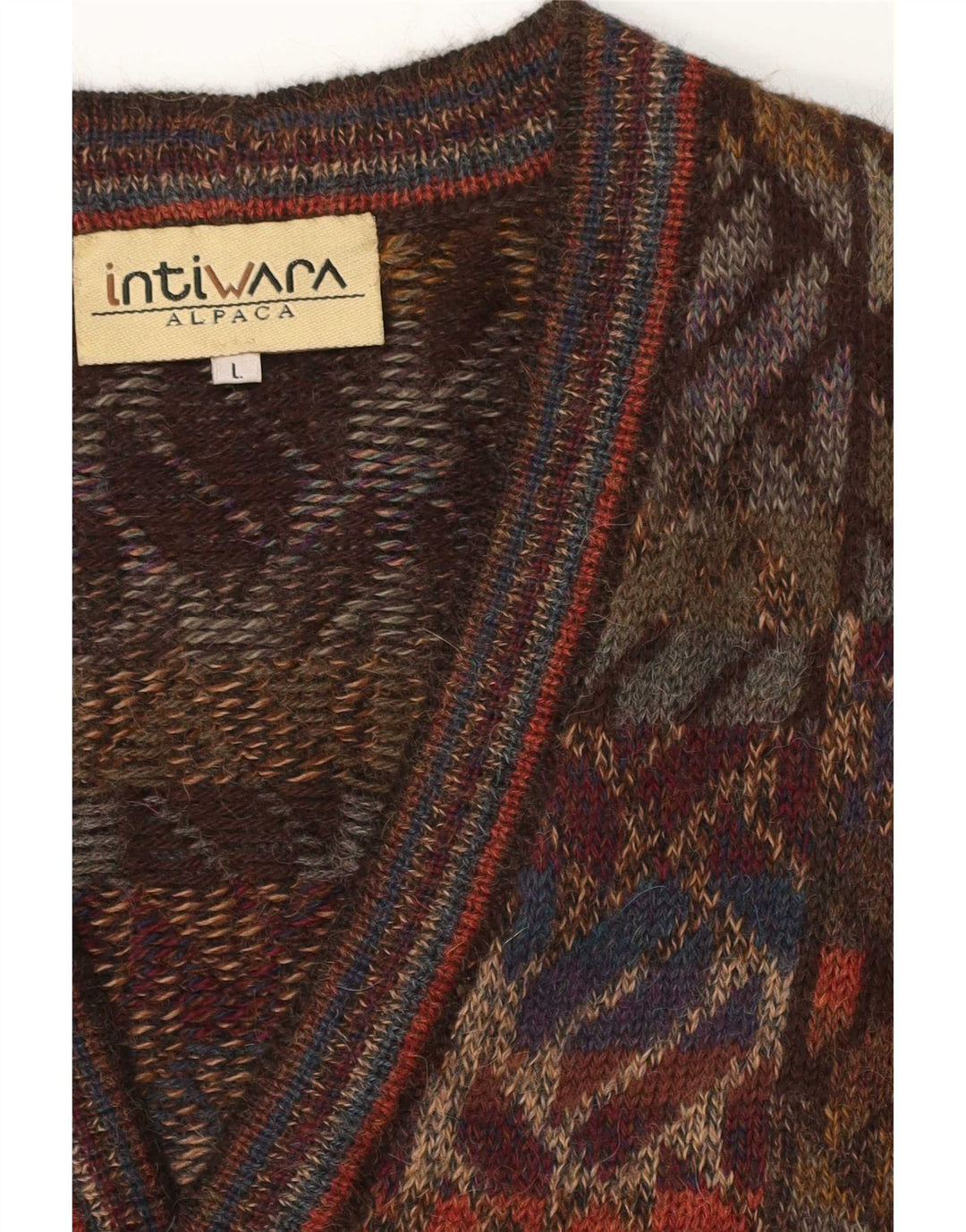Intiwara Męski sweter kardiganowy, duży, wielokolorowy, geometryczny, wełna z alpaki
