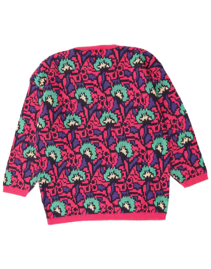 Damski sweter VINTAGE z abstrakcyjnym wzorem i okrągłym dekoltem UK 16, duży różowy