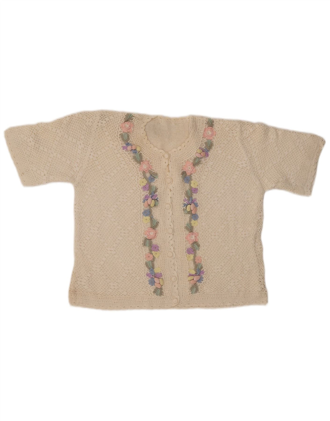 Damski sweter rozpinany z krótkim rękawem VINTAGE UK 14 Średni złamany biały kwiatowy