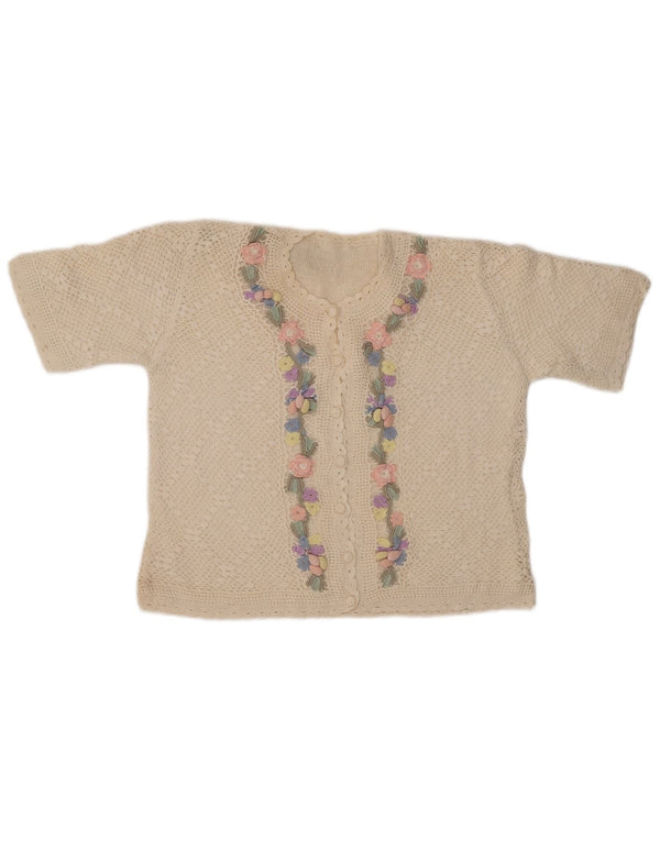 Damski sweter rozpinany z krótkim rękawem VINTAGE UK 14 Średni złamany biały kwiatowy