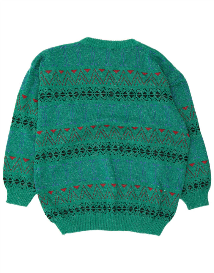 Vintage męski sweter z okrągłym dekoltem, średnio zielony, geometryczny akryl