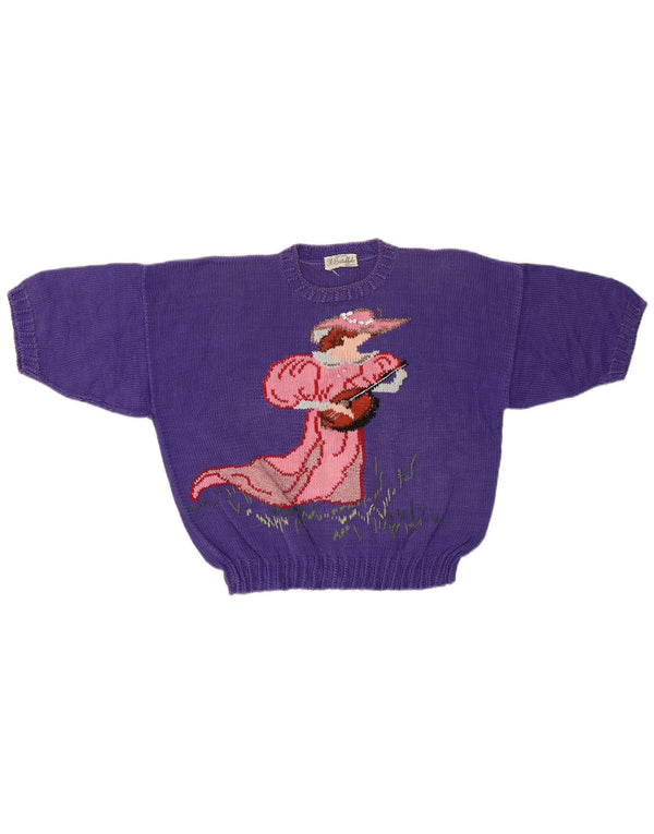 Vintage damski sweter z okrągłym dekoltem UK 12 średni fiolet Retro