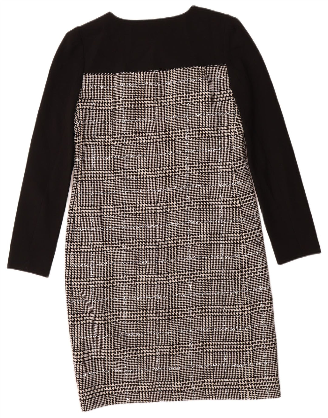 Damska sukienka płaszczowa z długim rękawem JAEGER UK 8, mała, czarna, wełniana w pepitkę