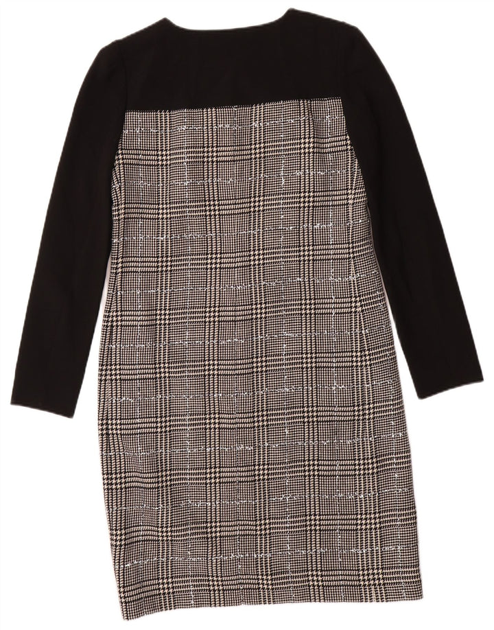 Damska sukienka płaszczowa z długim rękawem JAEGER UK 8, mała, czarna, wełniana w pepitkę