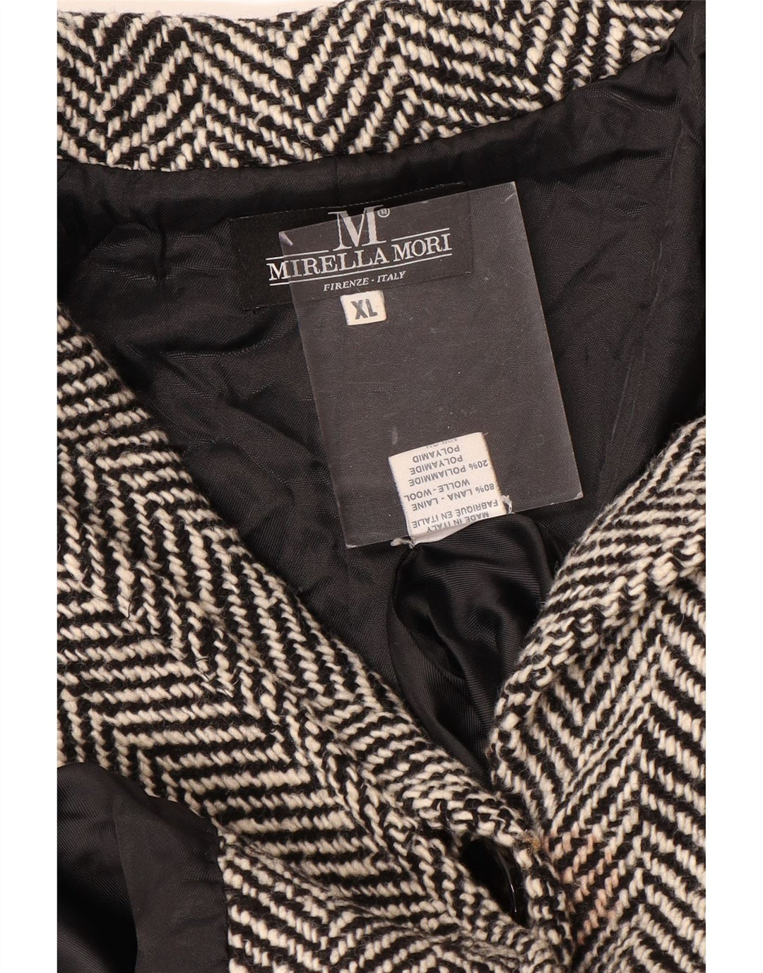 MIRELLA MORI Damski płaszcz oversize UK 18 XL, czarna wełna w jodełkę