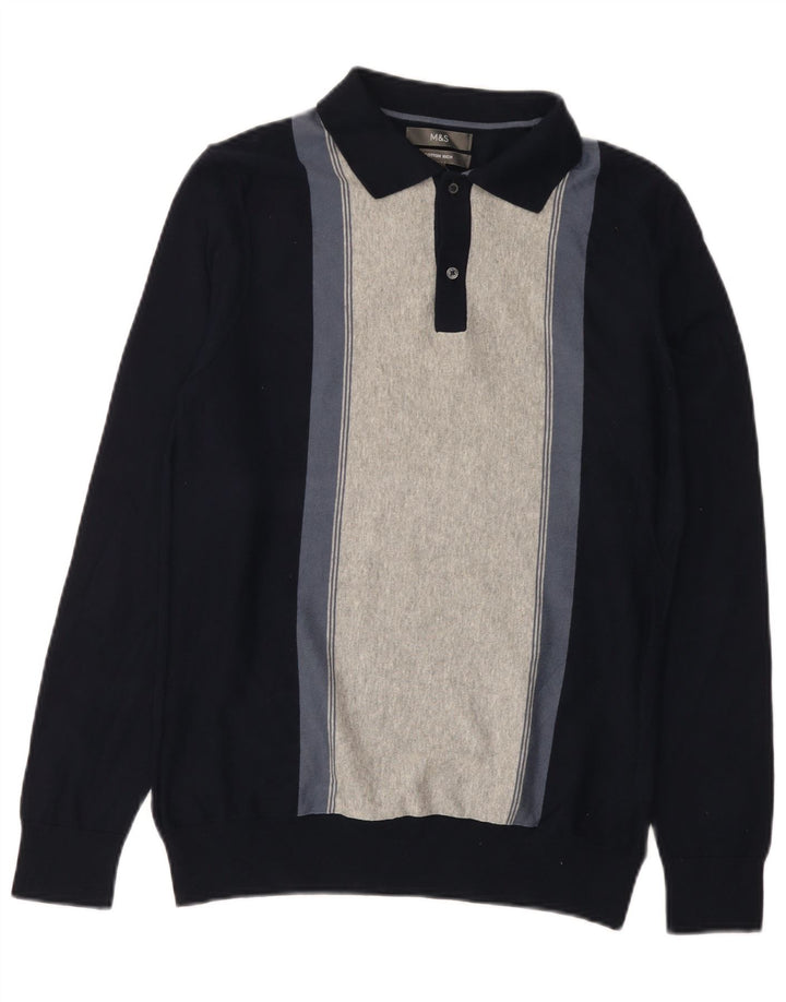 Marks & Spencer Męski sweter polo, mały, granatowy, z blokami kolorów