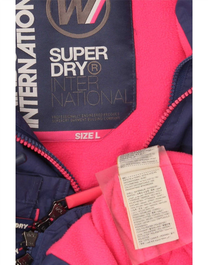 Damska kurtka wiatrówka z kapturem Superdry UK 16, duża niebieska, z blokami kolorów