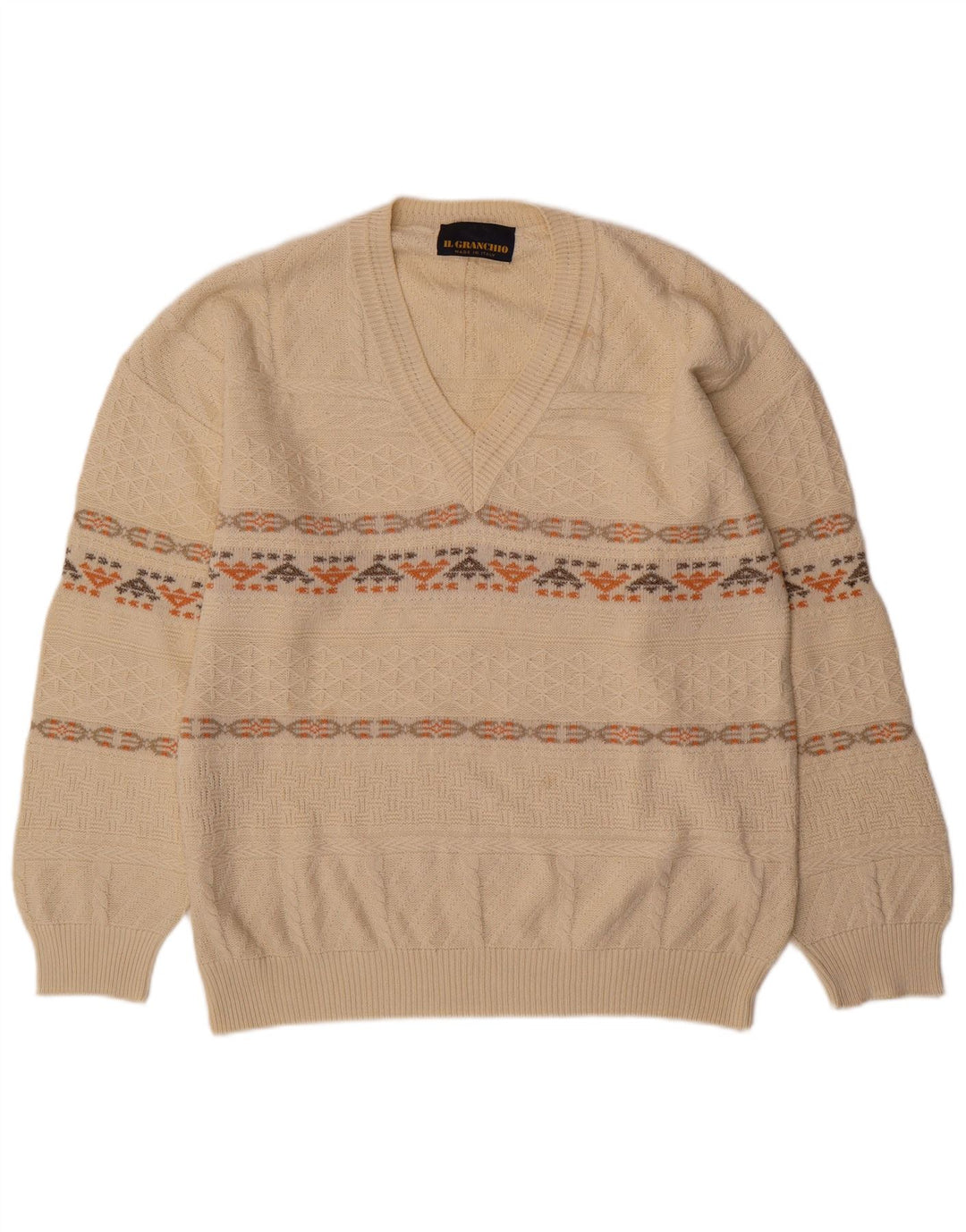 Il Granchio Męski sweter z dekoltem w kształcie litery V, duży, beżowy, geometryczny