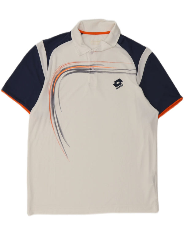 Męska koszulka polo z grafiką Lotto, duża, biała, poliestrowa z blokami kolorów