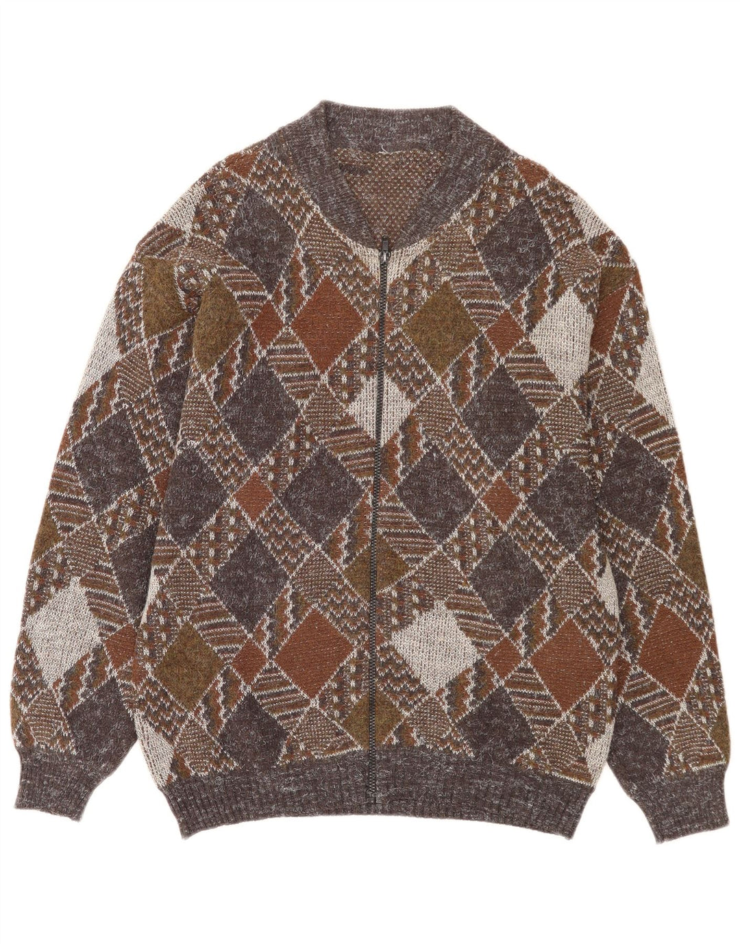Vintage męski sweter rozpinany na zamek błyskawiczny, średnio wielobarwny, wykonany z tkaniny argyle/diament