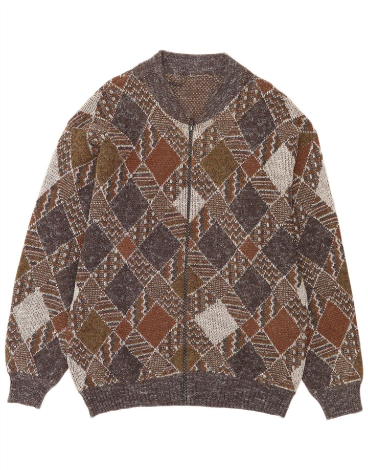 Vintage męski sweter rozpinany na zamek błyskawiczny, średnio wielobarwny, wykonany z tkaniny argyle/diament