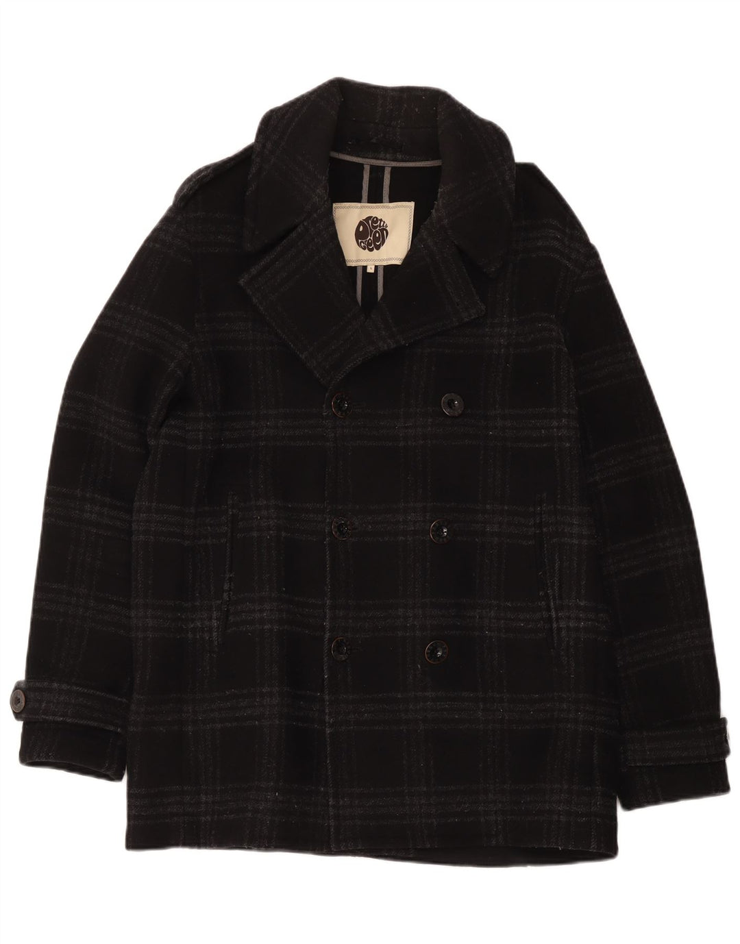 Pretty Green Męski płaszcz grochowy UK 40, duża, czarna wełna w kratkę