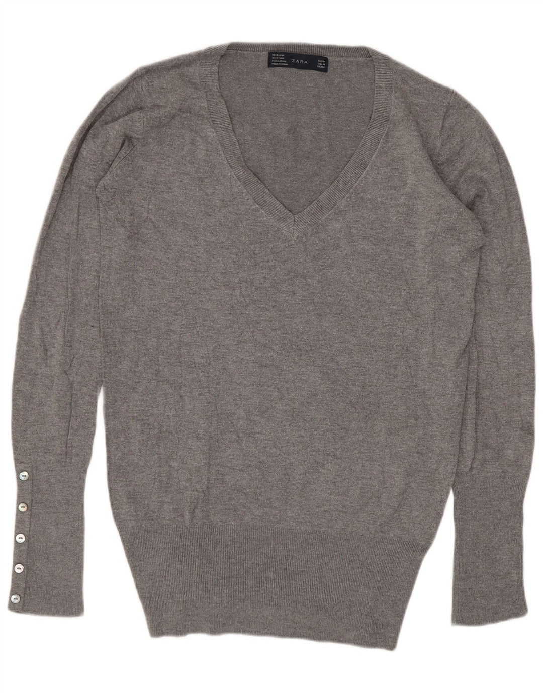 Sweter damski Zara z dekoltem w kształcie litery V, UK 12, średnioszary, sztuczny jedwab