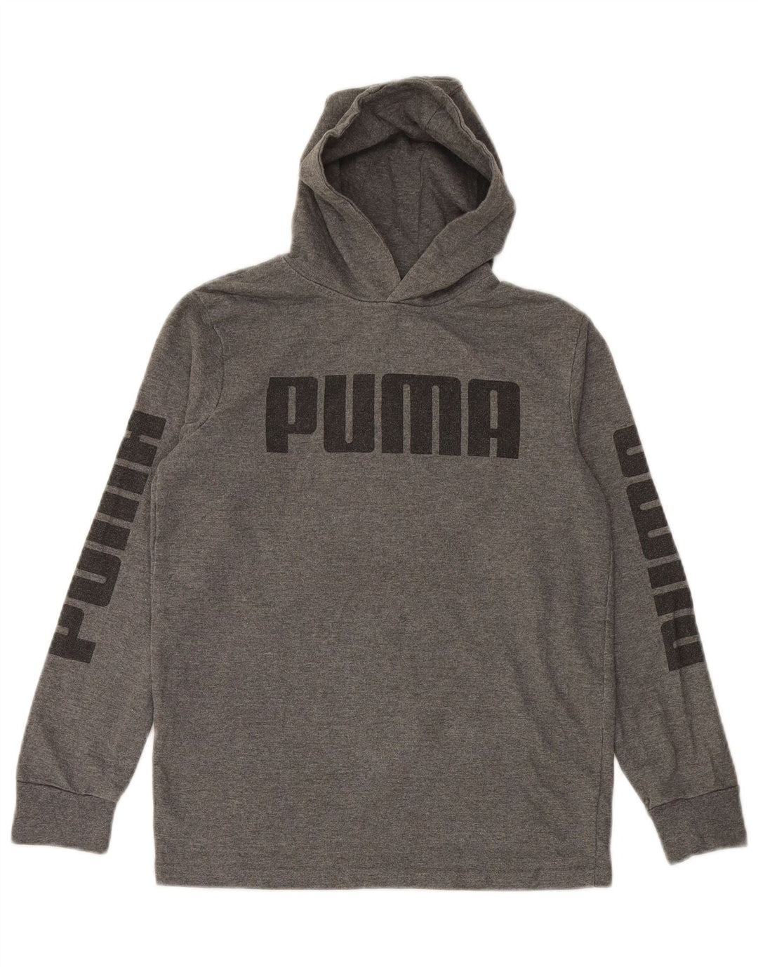 Chłopięcy sweter z kapturem i grafiką PUMA, duży, szary, bawełniany, 12-13 lat