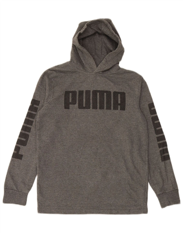 Chłopięcy sweter z kapturem i grafiką PUMA, duży, szary, bawełniany, 12-13 lat