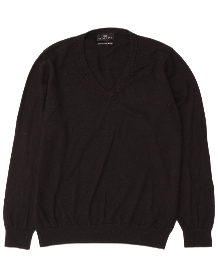 Marks & Spencer Męski sweter z dekoltem w kształcie litery V, duży, czarny, wełniany