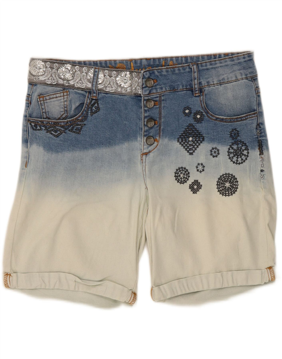 DESIGUAL Womens Denim Shorts W34 Large  Blue Colourblock Cotton Vintage Desigual and Second-Hand Desigual from Messina Hembry 