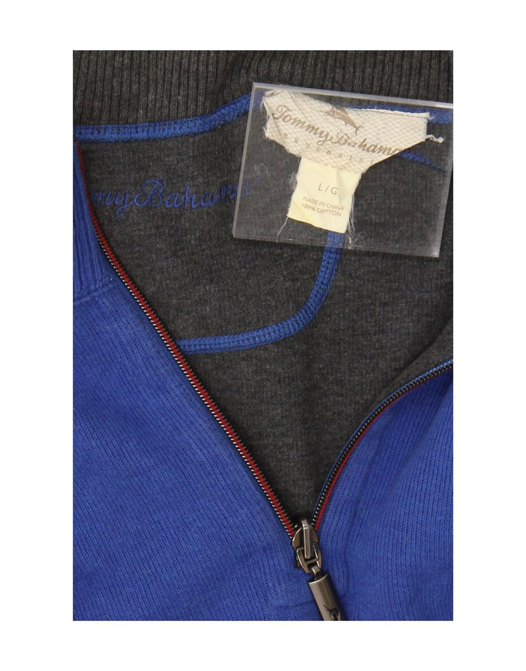 TOMMY BAHAMA Mens Zip Neck Jumper Sweater Large Blue Cotton Vintage Tommy Bahama and Second-Hand Tommy Bahama from Messina Hembry 