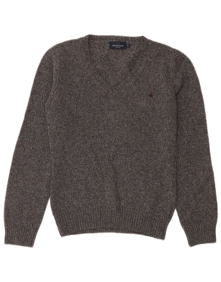 Damski sweter Brooksfield z dekoltem w szpic IT 42 Średnioszara wełna z cętkami