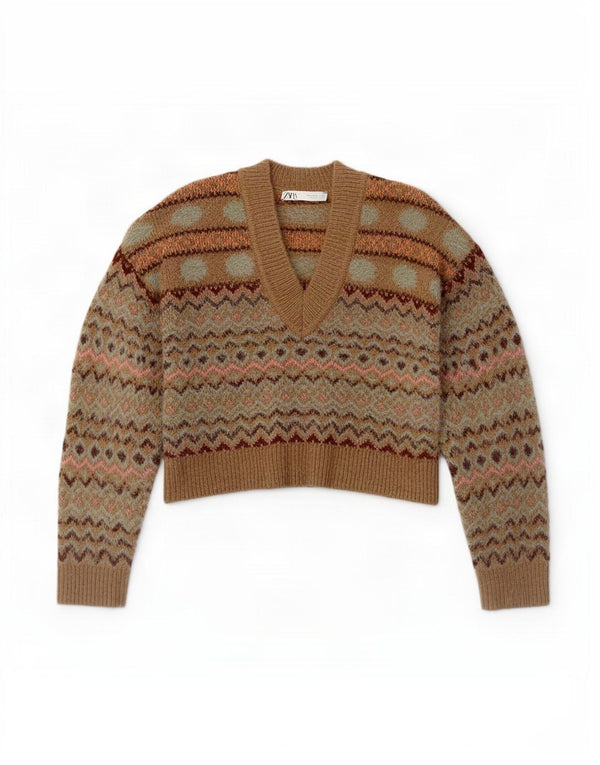 Sweter damski Zara z dekoltem w kształcie litery V, UK 14, średni beż, Fair Isle