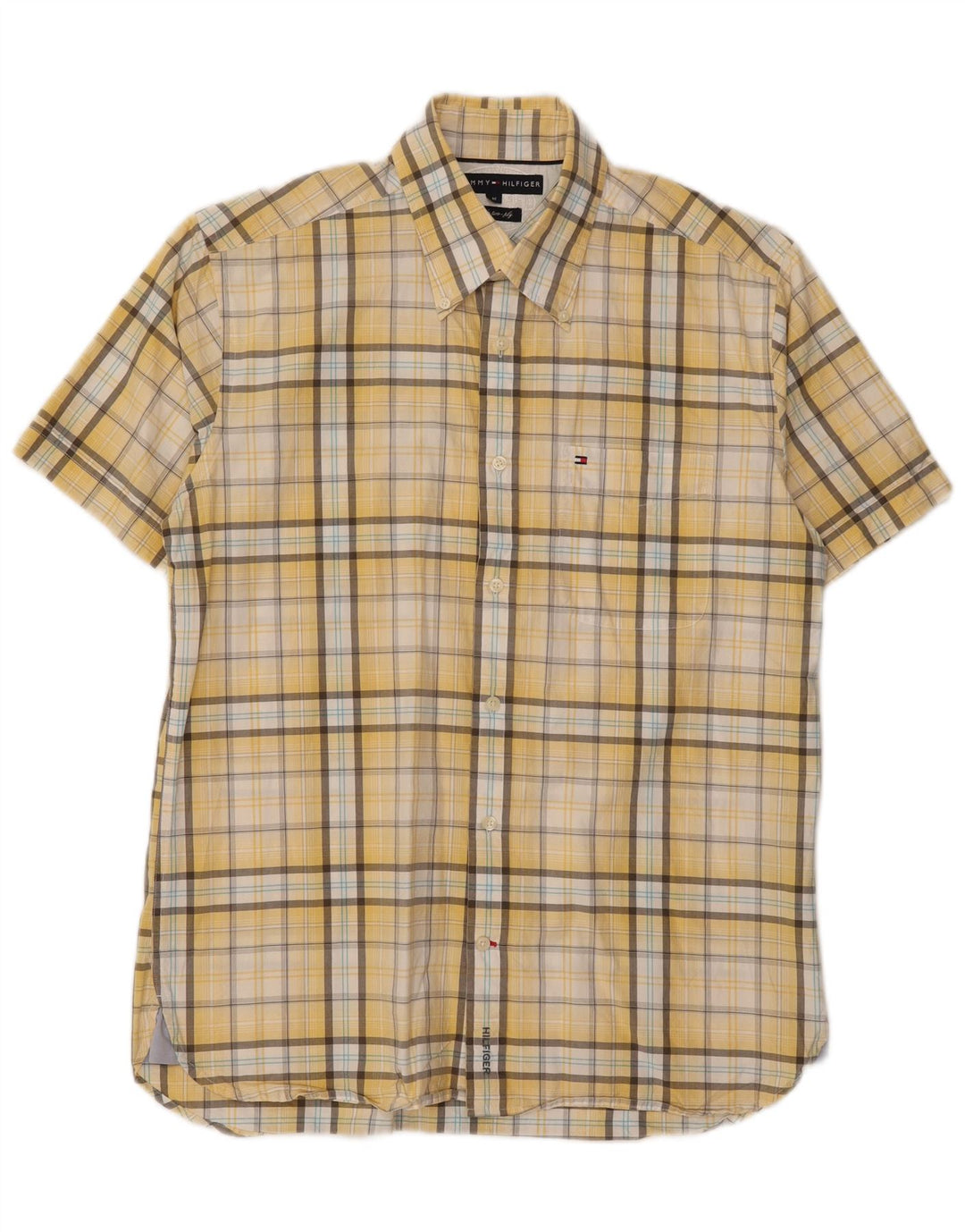 TOMMY HILFIGER Mens Short Sleeve Shirt Medium Yellow Check Cotton