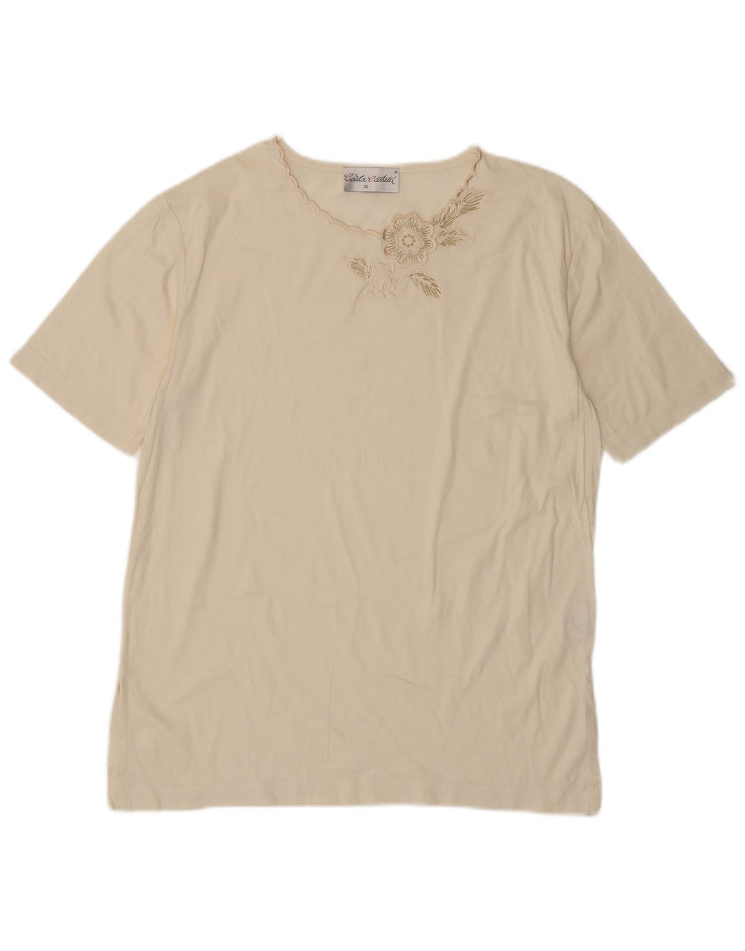 T-shirt damski VINTAGE Top EU 38 Średni złamanej bieli, bawełniany w kwiaty