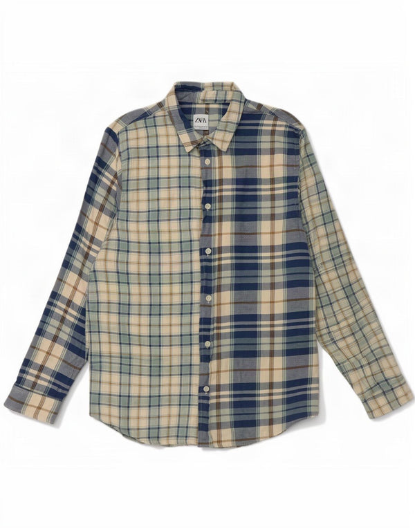 Zara Mens Relaxed Fit Flannel Shirt XL Blue Plaid Cotton