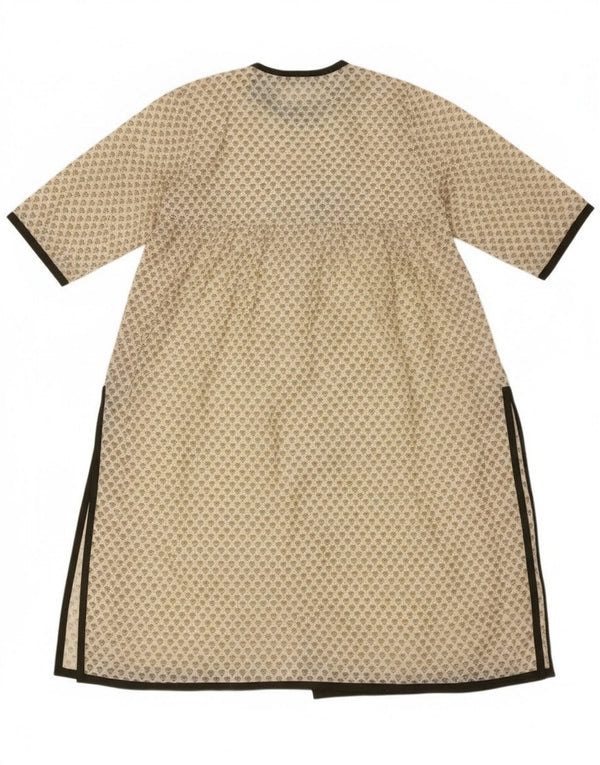 Damska sukienka maxi z długim rękawem w stylu vintage UK 14, duża, beżowa, z jedwabiu w kwiaty