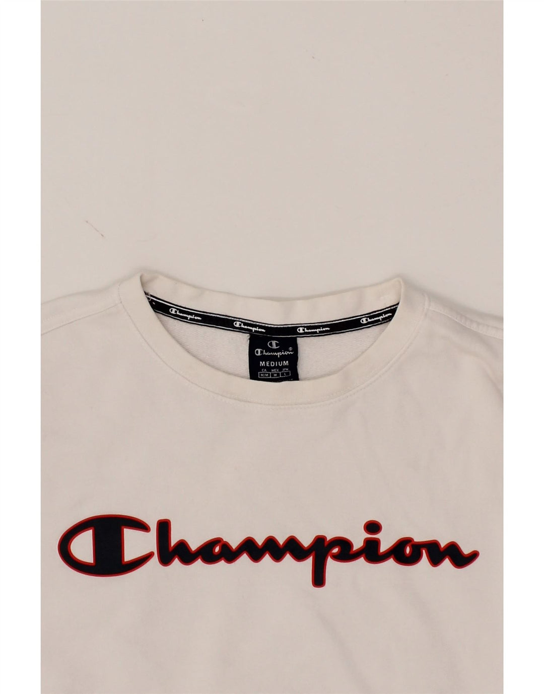 CHAMPION Mens Graphic Sweatshirt Jumper Medium White Cotton Vintage Champion and Second-Hand Champion from Messina Hembry 