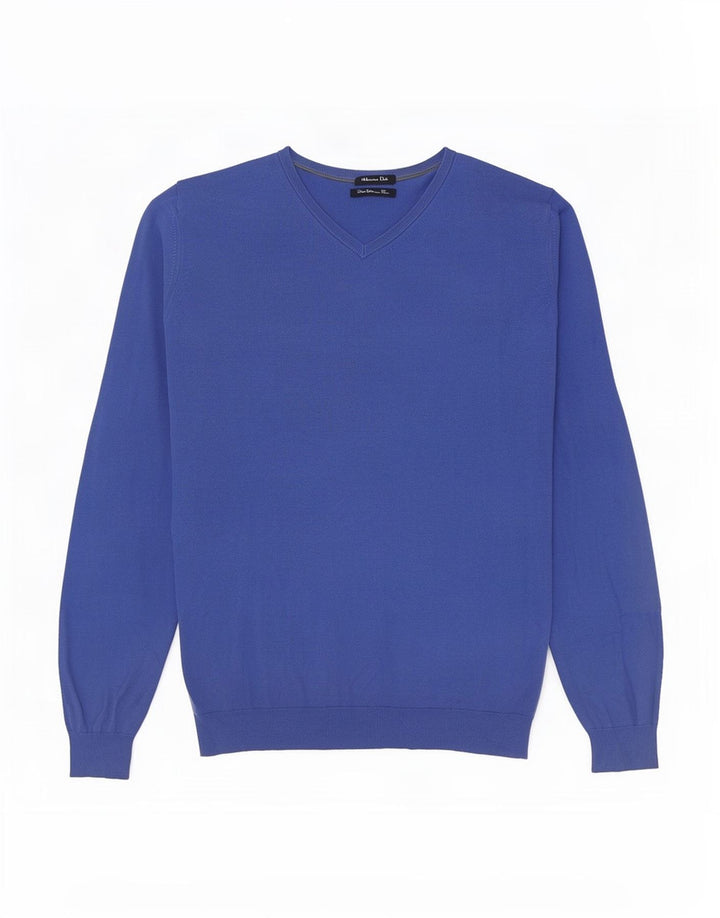 Męski sweter Massimo Dutti z dekoltem w kształcie litery V, średnioniebieski, bawełniany