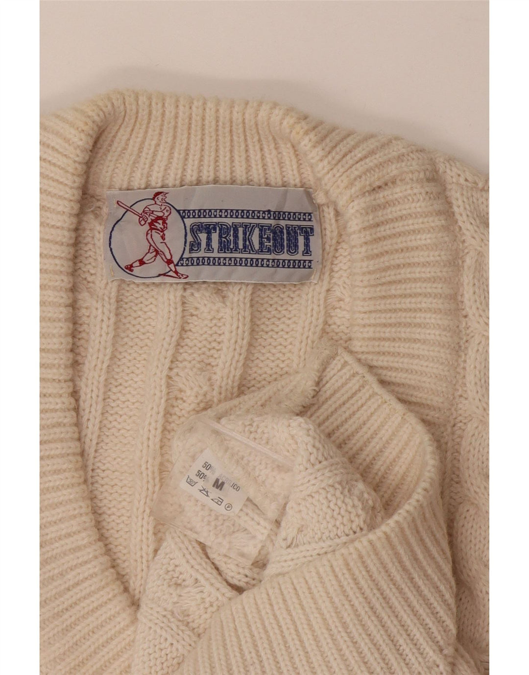 Vintage męski sweter z dekoltem w kształcie litery V, średni, złamany biały akryl