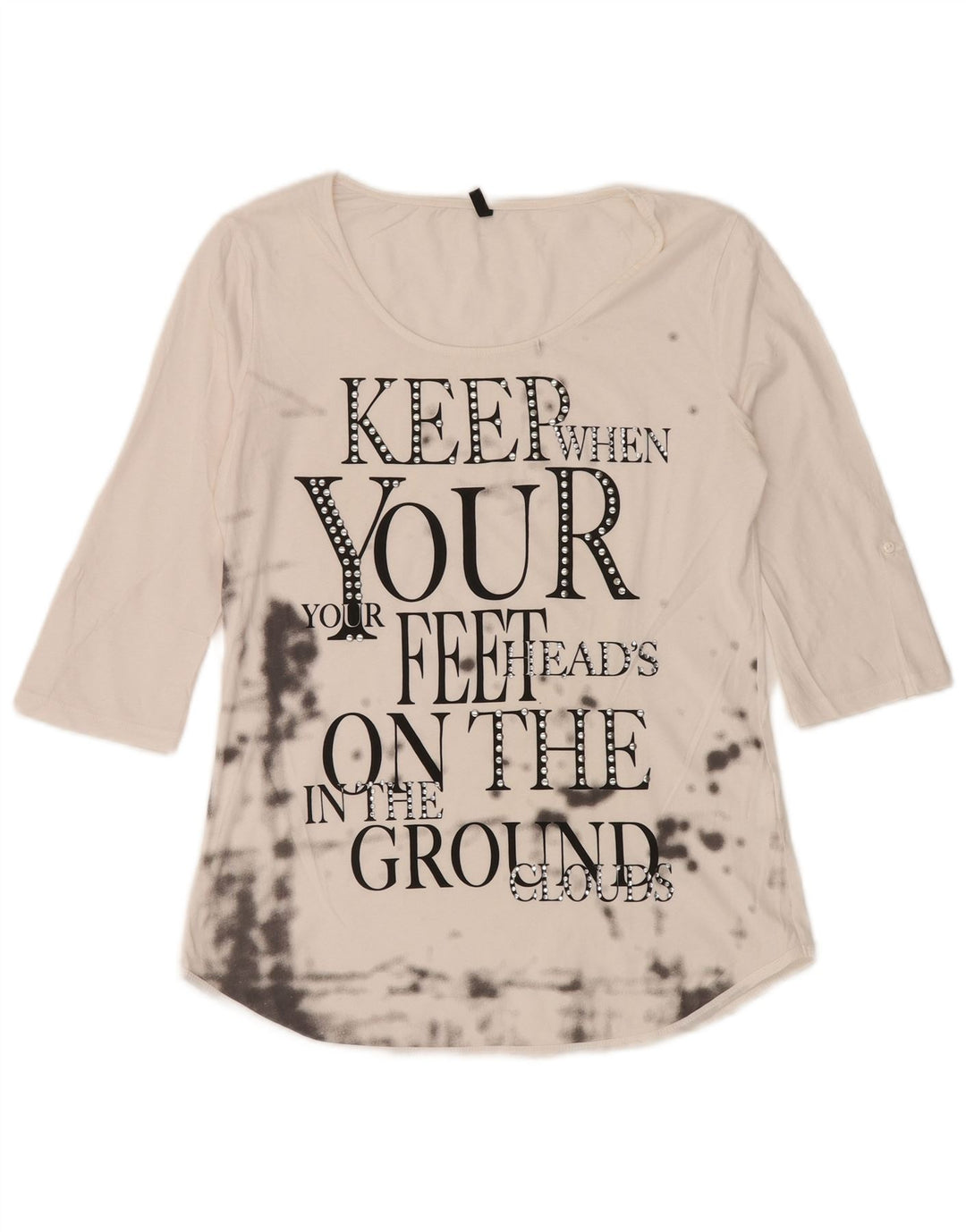 Damski top graficzny BENETTON z rękawem 3/4 UK 12, średni biały