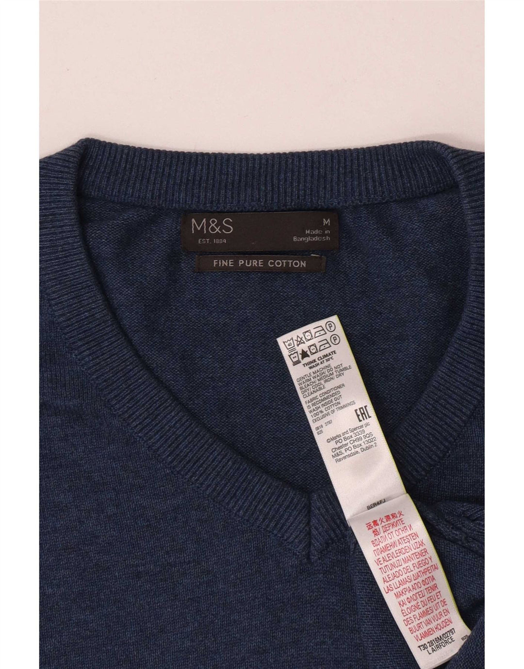 Marks & Spencer Męski sweter z dekoltem w kształcie litery V, średnioniebieski, bawełniany