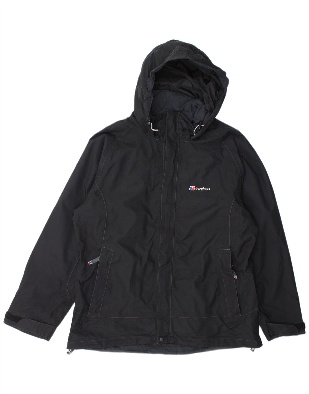 Damska kurtka przeciwdeszczowa z kapturem oversize Berghaus UK 16, duża, czarna nylonowa