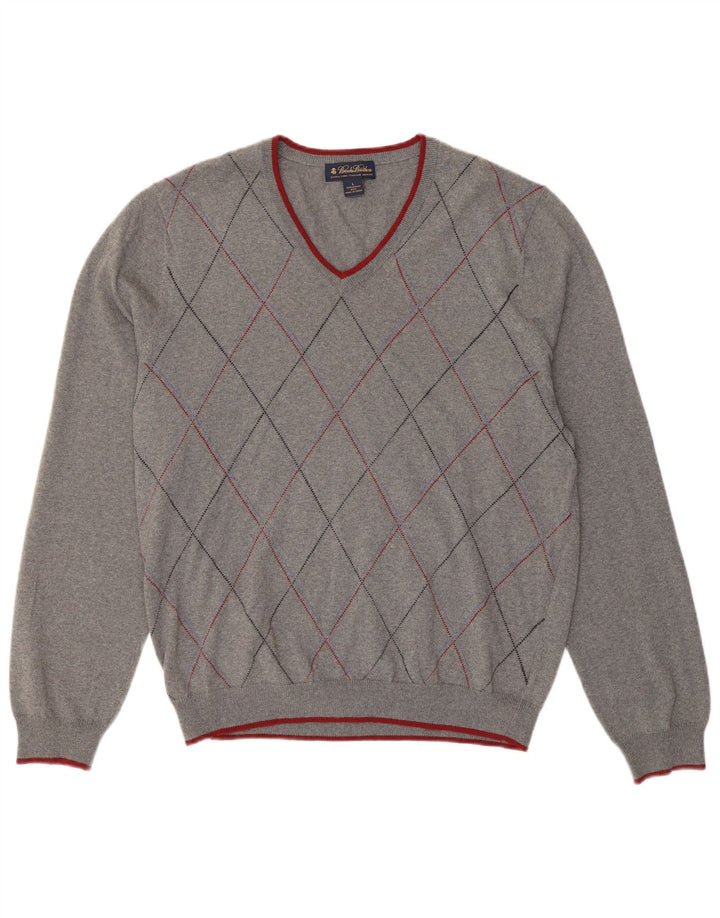 BROOKS BROTHERS Męski sweter z dekoltem w kształcie litery V, duży, szary Argyle/Diament