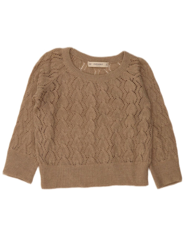 Zara Womens Crop Boat Neck Jumper Sweater UK 16 Large Beige Acrylic