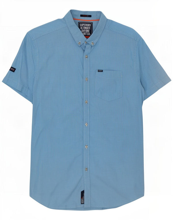 Superdry Mens Short Sleeve Regular Fit Shirt Medium Blue Houndstooth Cotton