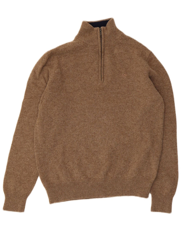 Hackett Womens Zip Neck Jumper Sweater UK 14 Medium Brown Lambswool