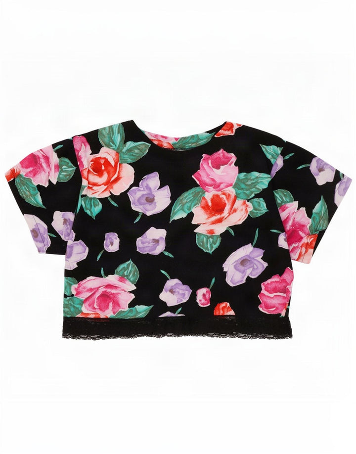 Krótki top damski w stylu vintage IT 44 Średni czarny w kwiaty, bawełna