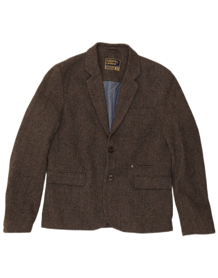 Męska marynarka zapinana na 2 guziki Superdry UK 44 2XL Brązowa, bawełniana w jodełkę