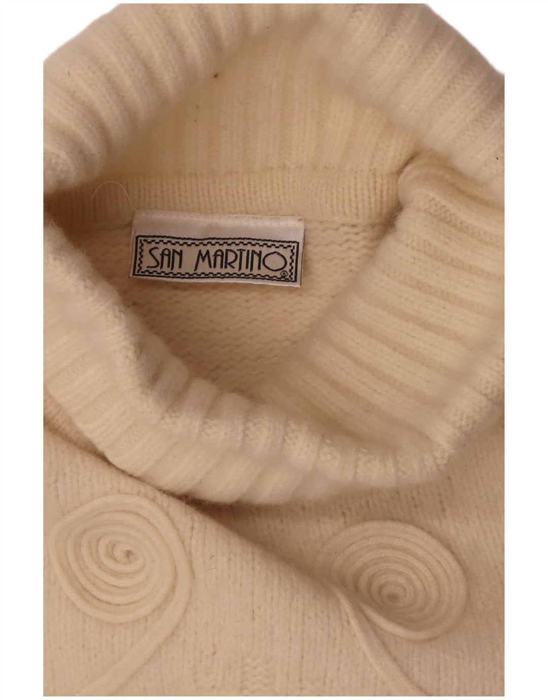 Vintage damski sweter z wywijanym dekoltem UK 14, średni, złamany biały geometryczny