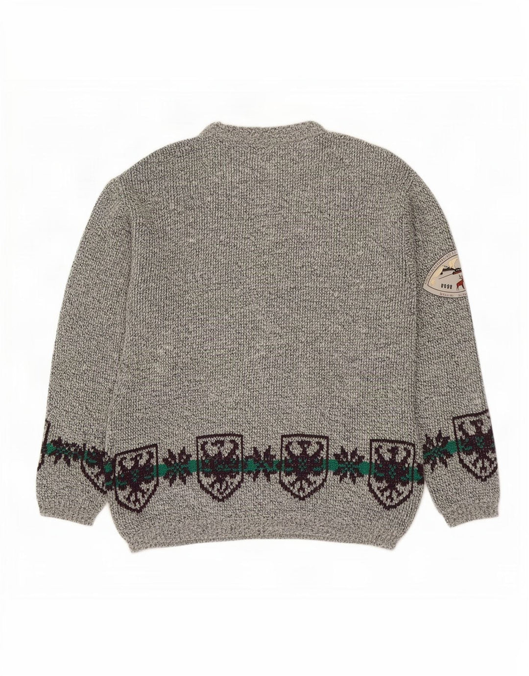 Vintage męski sweter z okrągłym dekoltem, duży, szary, wełniany Fair Isle