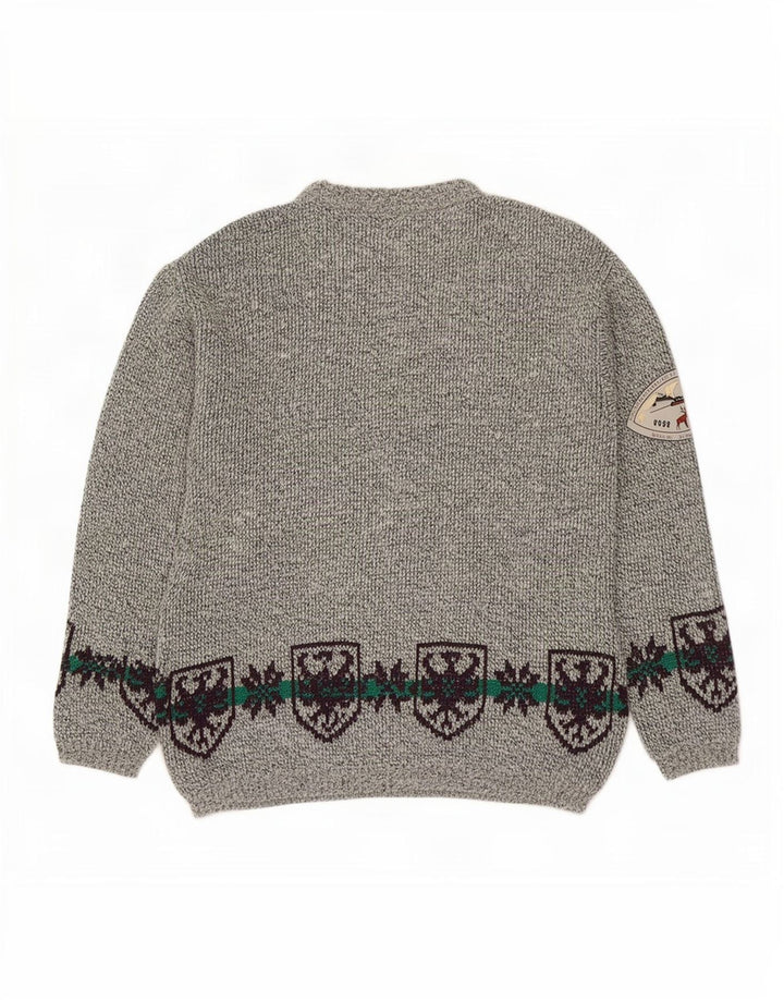 Vintage męski sweter z okrągłym dekoltem, duży, szary, wełniany Fair Isle