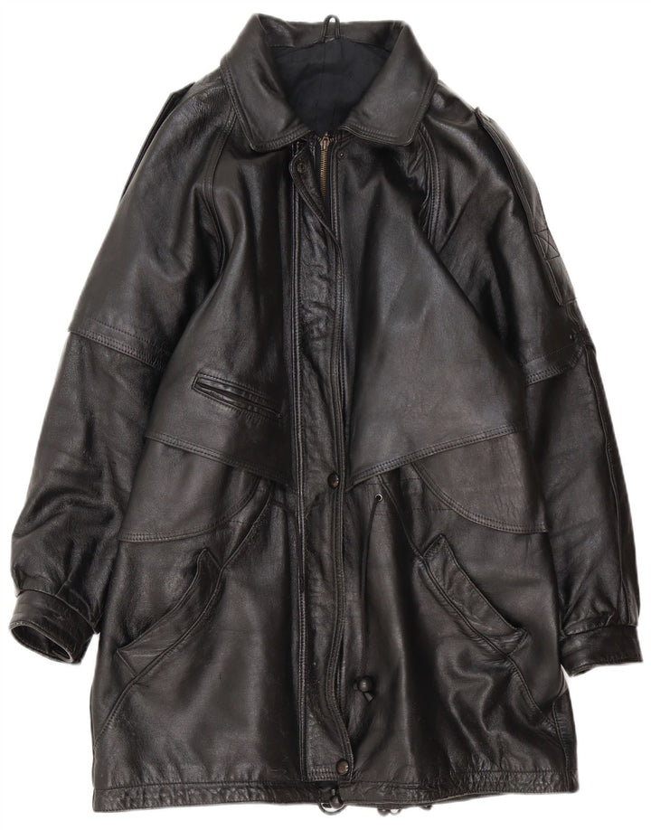Vintage damski płaszcz skórzany oversize UK 16, duży czarny