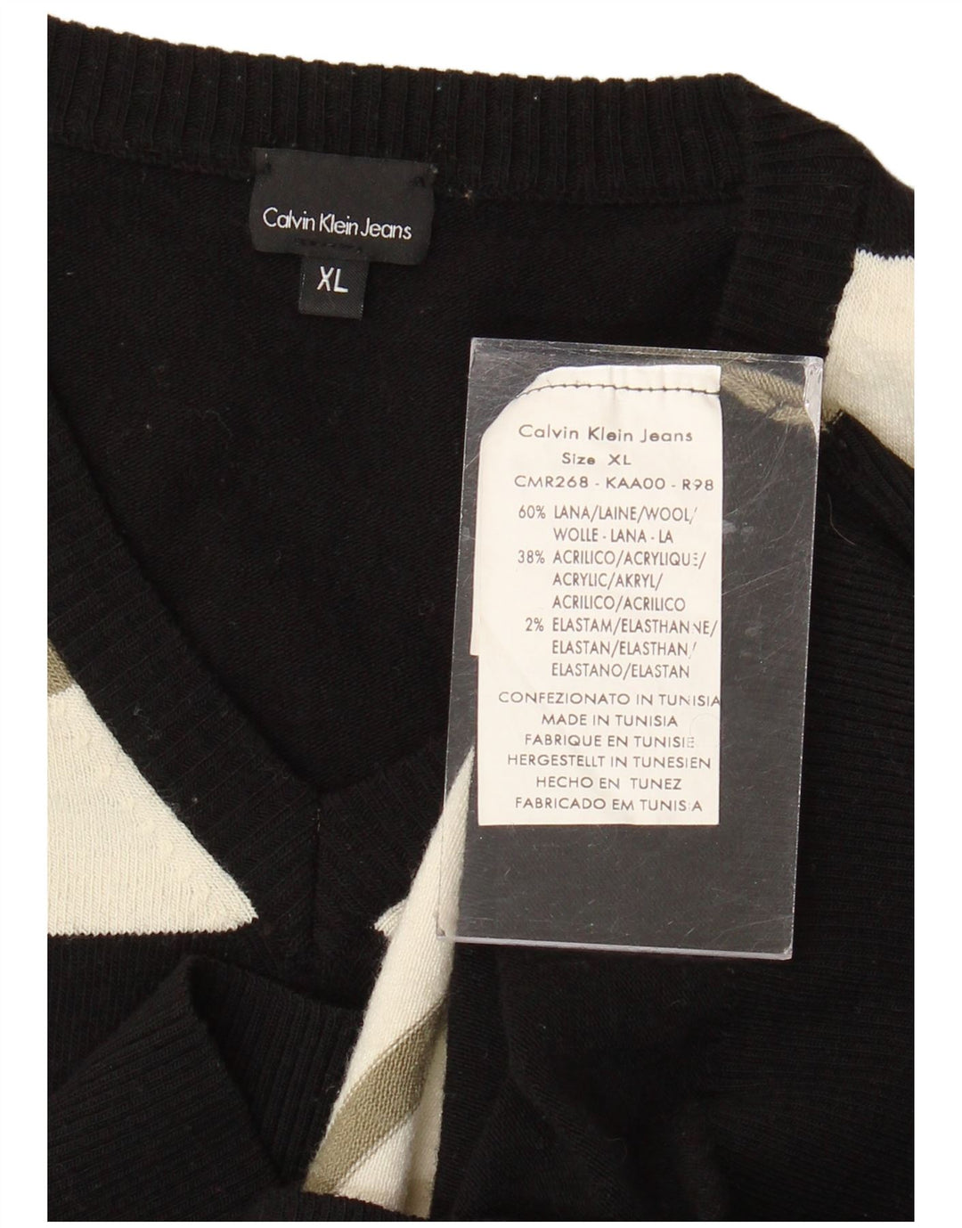 Damski sweter Calvin Klein Jeans z dekoltem w kształcie litery V, mały, wełniany, w czarne paski