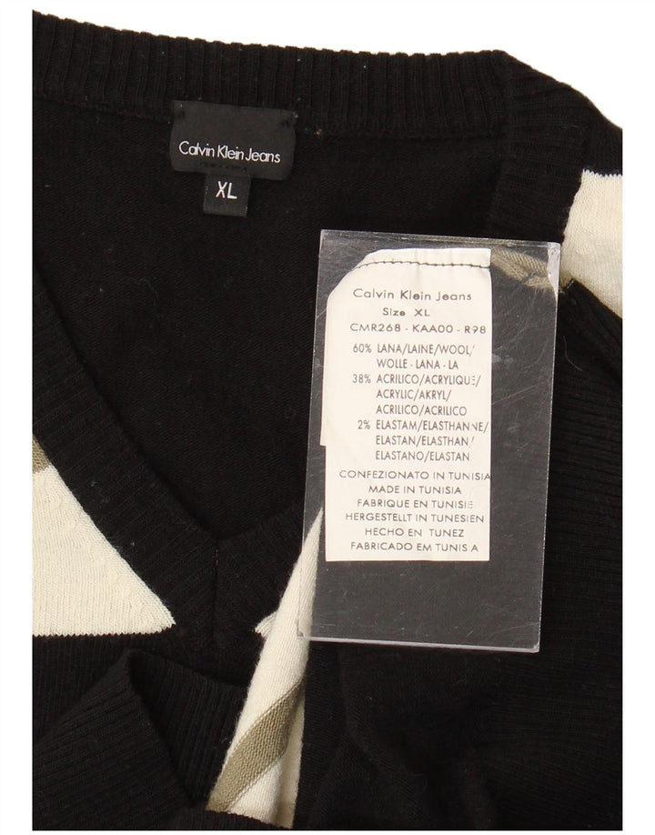 Damski sweter Calvin Klein Jeans z dekoltem w kształcie litery V, mały, wełniany, w czarne paski