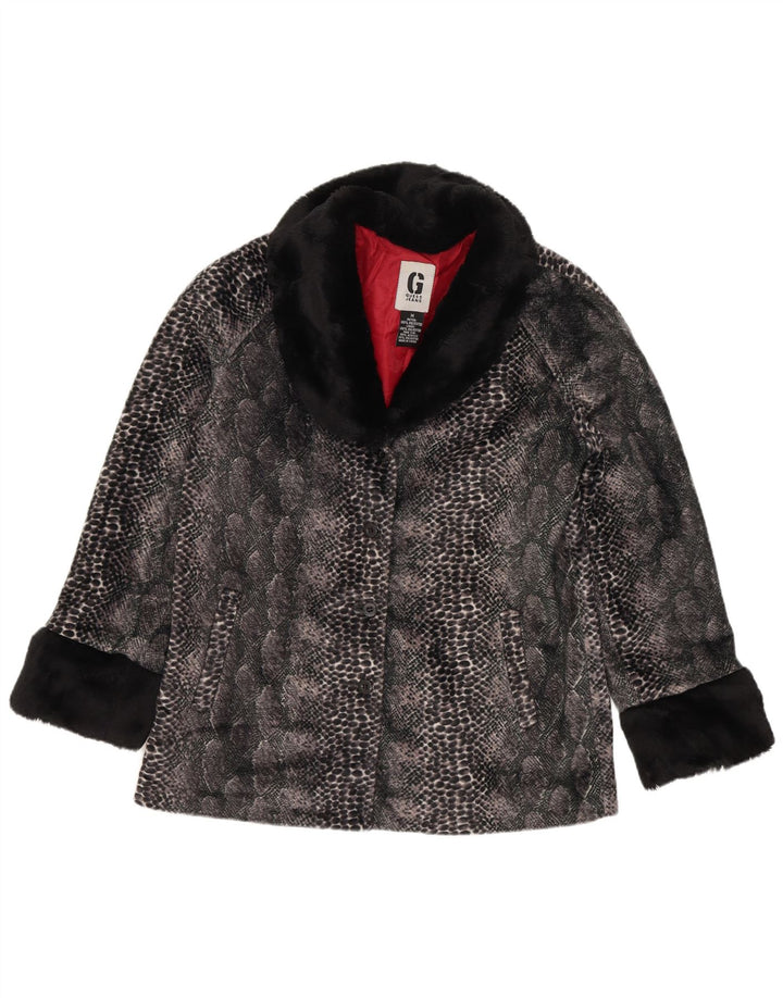 Guess Damska kurtka ze sztucznego futra UK 14, średnioszara, poliestrowa z nadrukiem zwierzęcym