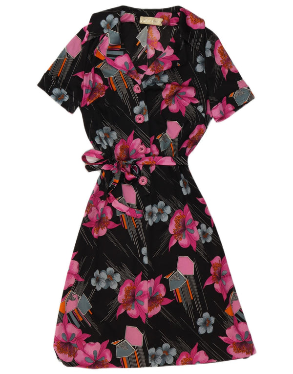 VINTAGE Womens Short Sleeves A-Line Dress UK 10 Small Black Floral